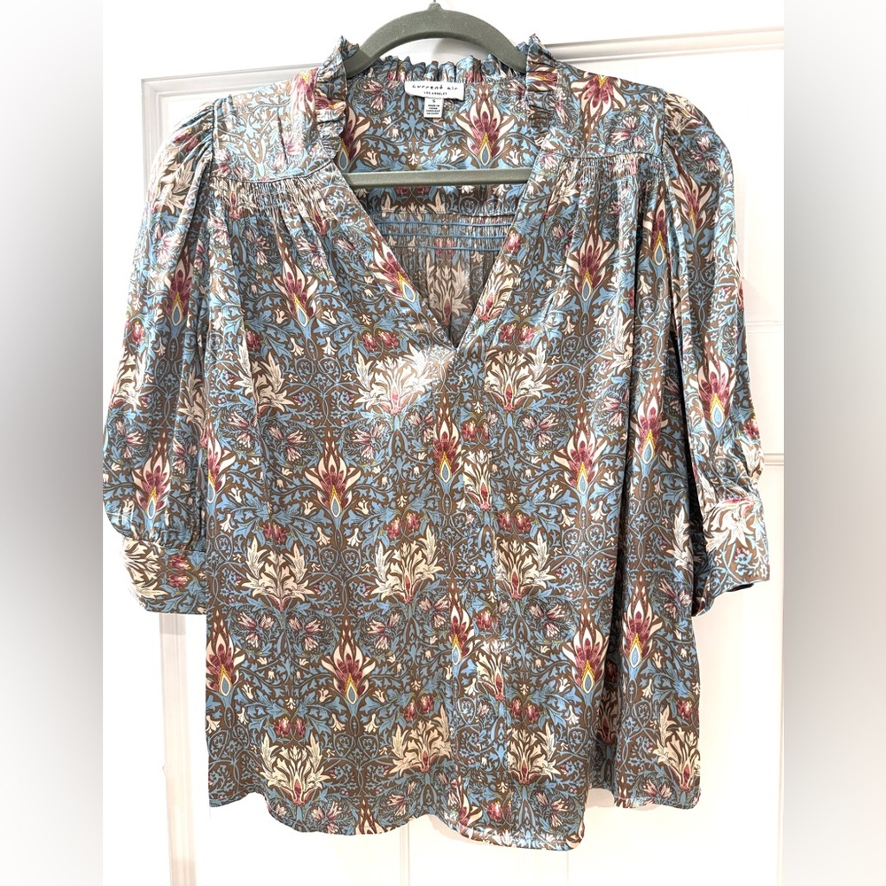 Current Air Boutique Silk Satin Dusty Blue floral Blouse